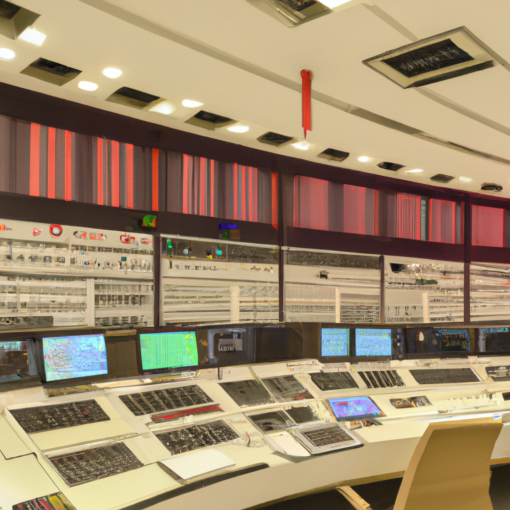 Control room with vision mixer, audio console, multiview monitors and tally lights